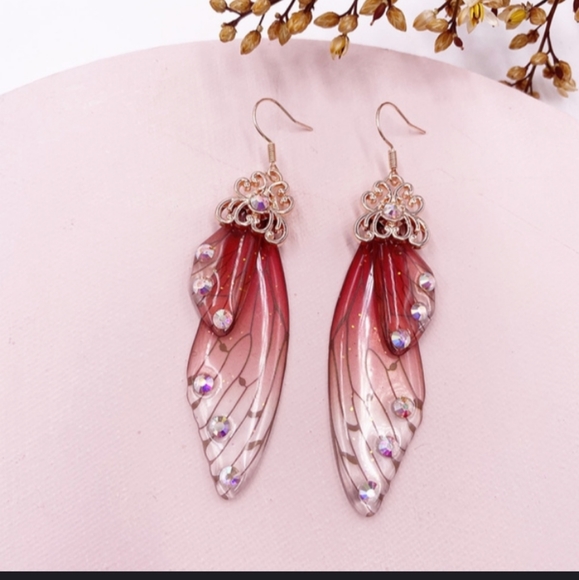 HP! NWT Red Pink Boho Cicada Fairie Wing Earrings!